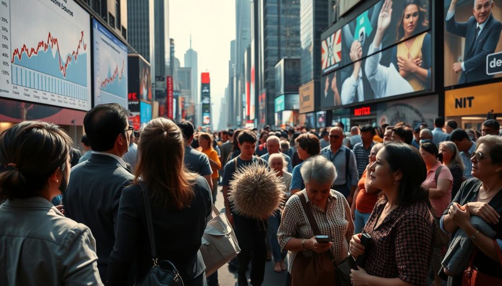 A bustling urban setting showing the societal impact of AI errors. In the foreground, a group of diverse professionals in business attire, looking concerned as they view a large digital display showing graphs of economic decline and social unrest. In the middle ground, people from various walks of life—parents with children, elderly individuals, and workers—interact anxiously, showcasing the ripple effects of AI failures. The background features a city skyline with digital billboards flickering erratically, symbolizing unstable technology. Dramatic lighting casts shadows, creating a tense atmosphere. The angle is slightly elevated, giving a comprehensive view of the scene, while the overall mood is somber and reflective, highlighting the gravity of AI's societal consequences. A bustling urban setting showing the societal impact of AI errors. In the foreground, a group of diverse professionals in business attire, looking concerned as they view a large digital display showing graphs of economic decline and social unrest. In the middle ground, people from various walks of life—parents with children, elderly individuals, and workers—interact anxiously, showcasing the ripple effects of AI failures. The background features a city skyline with digital billboards flickering erratically, symbolizing unstable technology. Dramatic lighting casts shadows, creating a tense atmosphere. The angle is slightly elevated, giving a comprehensive view of the scene, while the overall mood is somber and reflective, highlighting the gravity of AI's societal consequences.