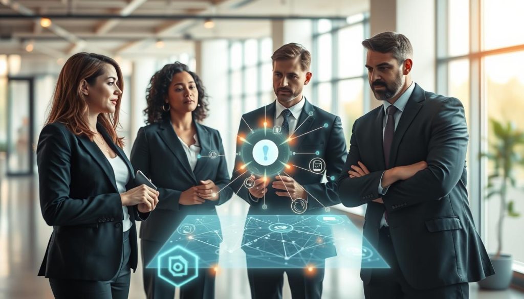 A conceptual illustration depicting "Artificial Intelligence Alignment." In the foreground, a diverse group of three professionals—one woman and two men, all dressed in smart business attire—are engaged in a focused discussion around a glowing holographic interface showcasing interconnected neural networks. In the middle ground, various symbols representing ethics, transparency, and collaboration are subtly integrated into the digital display. The background features a softly blurred modern office space with large windows letting in natural light, creating a warm and inspiring atmosphere. The scene is captured with a slightly elevated angle, giving depth and dimension, while soft lighting illuminates the subjects, enhancing their expressions of determination and curiosity. The overall mood conveys a sense of urgency and optimism towards aligning AI with human values. A conceptual illustration depicting "Artificial Intelligence Alignment." In the foreground, a diverse group of three professionals—one woman and two men, all dressed in smart business attire—are engaged in a focused discussion around a glowing holographic interface showcasing interconnected neural networks. In the middle ground, various symbols representing ethics, transparency, and collaboration are subtly integrated into the digital display. The background features a softly blurred modern office space with large windows letting in natural light, creating a warm and inspiring atmosphere. The scene is captured with a slightly elevated angle, giving depth and dimension, while soft lighting illuminates the subjects, enhancing their expressions of determination and curiosity. The overall mood conveys a sense of urgency and optimism towards aligning AI with human values.