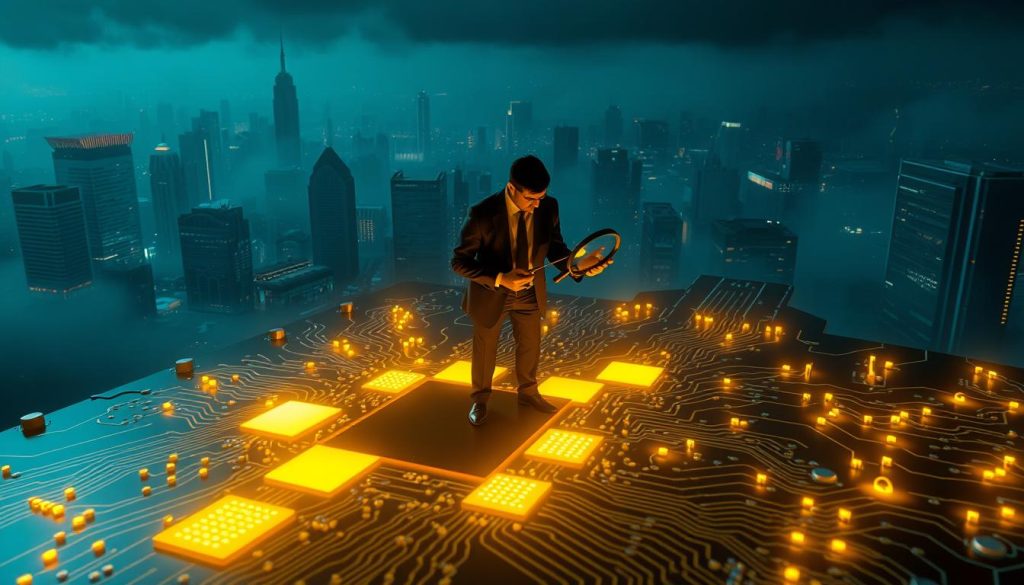 A conceptual illustration representing "Algorithmic Bias in AI," showcasing a large, intricate circuit board in the foreground, with glowing sections highlighting areas of imbalance. In the middle, an abstract figure of a human silhouette, dressed in professional business attire, is examining the circuit board with a magnifying glass, symbolizing scrutiny of AI decisions. The background features a dimly lit, futuristic cityscape, symbolizing technological advancement, but shrouded in mist to convey uncertainty. The lighting focuses on the circuit board and the human figure, casting dramatic shadows that evoke a sense of intrigue and caution. The overall mood is thoughtful and introspective, illustrating the complexity and concerns surrounding biases in AI systems.