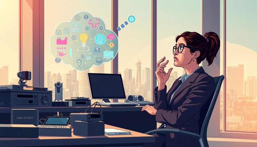 A conceptual illustration showcasing the misconceptions about AI. In the foreground, a professional woman in business attire sits at a desk cluttered with various AI-related devices, looking puzzled while examining a glowing, holographic AI interface. The middle ground features a large, thought bubble filled with common misconceptions, illustrated visually (like robots taking over the world, AI as sentient beings, etc.) using vibrant colors and abstract visuals. The background depicts a modern office environment with a window showing a city skyline, bathed in soft, warm sunlight that adds a hopeful atmosphere. The overall mood should evoke curiosity and contemplation, highlighting the divide between myth and reality in the understanding of AI.