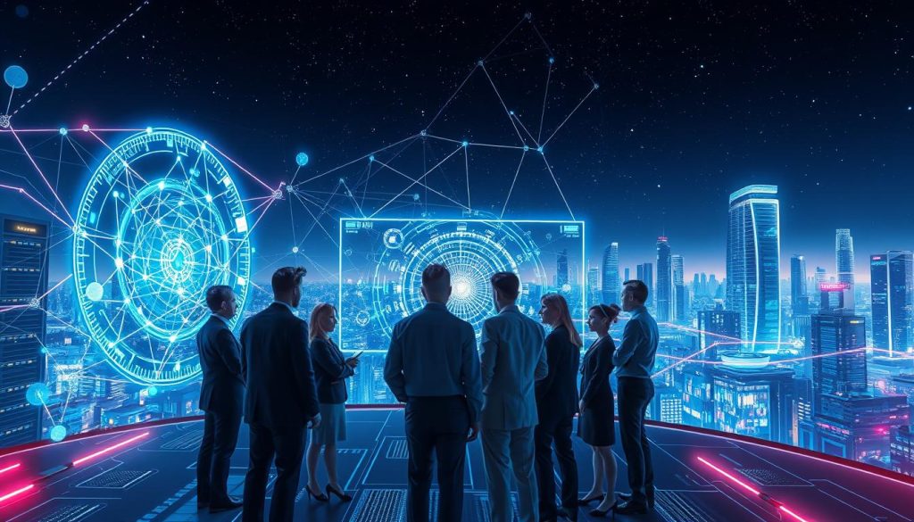 A conceptual visualization of "Global Workspace Theory in Artificial Consciousness," showcasing a futuristic digital landscape that represents interconnected networks and cognitive processes. In the foreground, a diverse group of professionals in business attire collaborate over a glowing, holographic interface displaying neural connections and data flow. The middle ground features abstract representations of consciousness, such as swirling light patterns and data streams that symbolize information processing. The background is a high-tech cityscape with towering data servers and glowing circuits beneath a night sky filled with stars, hinting at the vastness of information and insight. The lighting is sleek and vibrant, with neon accents illuminating the scene, creating an atmosphere of innovation and exploration. The image is wide-angle to capture the complexities of artificial consciousness and its historical relevance.