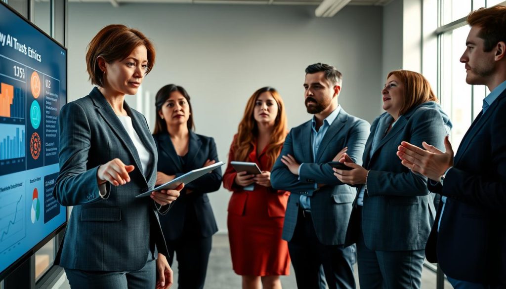 A diverse group of professionals engaged in a discussion about AI trustworthiness, standing together in a modern conference room. In the foreground, a middle-aged woman in a business suit points at a digital screen displaying data visualizations and graphs about AI ethics. Beside her, a young man in smart casual attire listens attentively, taking notes. In the middle ground, two individuals debate passionately, showcasing a mix of expressions like curiosity and concern. The background features large windows letting in natural light, creating a bright and inspiring atmosphere. Soft shadows enhance the depth of the scene, and the overall mood is one of collaboration and constructive dialogue on public engagement with technology. A diverse group of professionals engaged in a discussion about AI trustworthiness, standing together in a modern conference room. In the foreground, a middle-aged woman in a business suit points at a digital screen displaying data visualizations and graphs about AI ethics. Beside her, a young man in smart casual attire listens attentively, taking notes. In the middle ground, two individuals debate passionately, showcasing a mix of expressions like curiosity and concern. The background features large windows letting in natural light, creating a bright and inspiring atmosphere. Soft shadows enhance the depth of the scene, and the overall mood is one of collaboration and constructive dialogue on public engagement with technology.