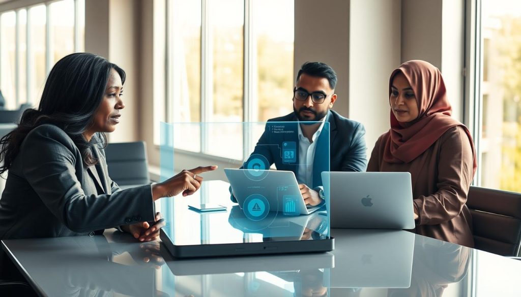 A diverse group of professionals engaged with advanced AI technology, seated around a sleek, modern conference table in a well-lit office environment. In the foreground, a middle-aged Black woman in a smart business suit interacts with a holographic interface, demonstrating the accessibility features of AI. Beside her, a young South Asian man analyzes data on a laptop, while a Latina woman in modest attire takes notes. In the background, large windows allow natural light to pour in, casting a bright, optimistic atmosphere. Soft shadows enhance the focus on the team’s collaboration, symbolizing inclusivity and innovation in technology. The image captures a sense of empowerment and synergy, highlighting the positive impact of AI on accessibility. A diverse group of professionals engaged with advanced AI technology, seated around a sleek, modern conference table in a well-lit office environment. In the foreground, a middle-aged Black woman in a smart business suit interacts with a holographic interface, demonstrating the accessibility features of AI. Beside her, a young South Asian man analyzes data on a laptop, while a Latina woman in modest attire takes notes. In the background, large windows allow natural light to pour in, casting a bright, optimistic atmosphere. Soft shadows enhance the focus on the team’s collaboration, symbolizing inclusivity and innovation in technology. The image captures a sense of empowerment and synergy, highlighting the positive impact of AI on accessibility.