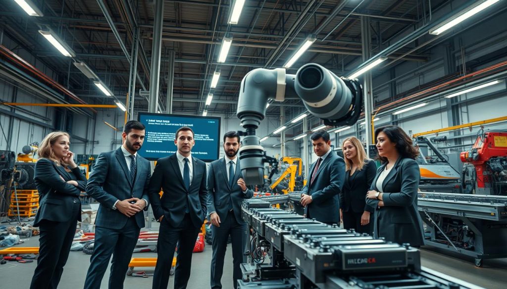 A dramatic scene depicting the risks of AI malfunction in various industries. In the foreground, a group of diverse professionals in business attire examine a malfunctioning robotic arm in a modern factory setting, showing expressions of concern and confusion. In the middle, a digital screen displays error messages, while nearby, an assembly line grinds to a halt. The background features a chaotic warehouse with scattered tools and malfunctioning machinery, creating a sense of urgency and disorder. The lighting is stark and fluorescent, casting harsh shadows that emphasize tension. Capture this moment from a low angle for a dynamic perspective, illustrating the potential dangers of artificial intelligence failures in industry. The atmosphere is tense and serious, highlighting the critical nature of the subject. A dramatic scene depicting the risks of AI malfunction in various industries. In the foreground, a group of diverse professionals in business attire examine a malfunctioning robotic arm in a modern factory setting, showing expressions of concern and confusion. In the middle, a digital screen displays error messages, while nearby, an assembly line grinds to a halt. The background features a chaotic warehouse with scattered tools and malfunctioning machinery, creating a sense of urgency and disorder. The lighting is stark and fluorescent, casting harsh shadows that emphasize tension. Capture this moment from a low angle for a dynamic perspective, illustrating the potential dangers of artificial intelligence failures in industry. The atmosphere is tense and serious, highlighting the critical nature of the subject.