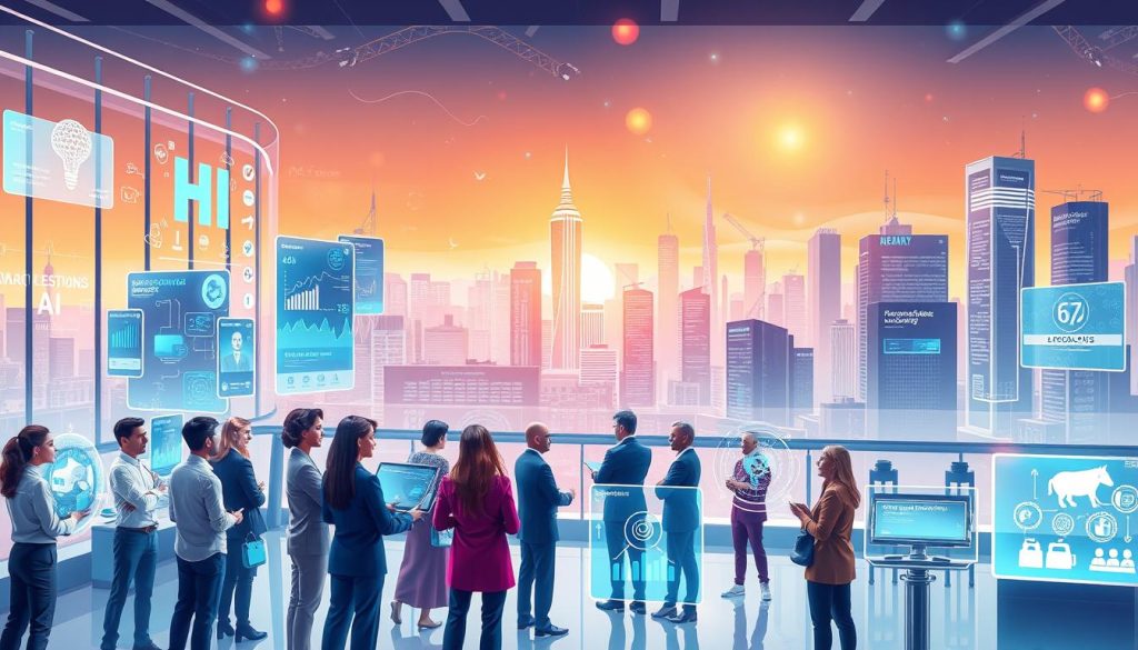 A dynamic and visually engaging illustration depicting the theme of "AI Innovations Across Industries." In the foreground, a diverse group of professionals in modern business attire engaged in collaborative discussions, with various digital devices and holographic displays showcasing AI applications in healthcare, finance, and manufacturing. In the middle ground, a sleek, futuristic office environment with transparent screens displaying data analytics, robotic assistants, and virtual reality setups. In the background, a cityscape representing various industries, with skyscrapers adorned with digital banners highlighting AI advancements. The lighting is bright and uplifting, capturing a hopeful atmosphere. Use a wide-angle perspective to emphasize the interconnectedness of these innovations, giving a sense of depth and engagement. The overall mood should be optimistic and futuristic, symbolizing the promise of AI.
