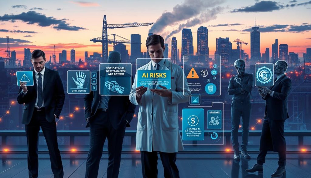 A dynamic and visually striking illustration depicting the risks of AI in specific industries. In the foreground, a diverse group of professionals in business attire—an engineer, a doctor, and a financial analyst—examines holographic interfaces displaying warning signs related to AI risks such as data breaches, job displacement, and ethical concerns. In the middle ground, an industrial setting showcases various sectors like healthcare with robotic hands, finance with digital currency icons, and manufacturing with automated machinery, highlighting the contrasting benefits and risks of AI integration. The background features a city skyline, illuminated by twilight, with glowing digital elements to suggest a tech-driven future. Use dramatic lighting with shadows to emphasize tension and caution while maintaining a serious and professional atmosphere. A dynamic and visually striking illustration depicting the risks of AI in specific industries. In the foreground, a diverse group of professionals in business attire—an engineer, a doctor, and a financial analyst—examines holographic interfaces displaying warning signs related to AI risks such as data breaches, job displacement, and ethical concerns. In the middle ground, an industrial setting showcases various sectors like healthcare with robotic hands, finance with digital currency icons, and manufacturing with automated machinery, highlighting the contrasting benefits and risks of AI integration. The background features a city skyline, illuminated by twilight, with glowing digital elements to suggest a tech-driven future. Use dramatic lighting with shadows to emphasize tension and caution while maintaining a serious and professional atmosphere.