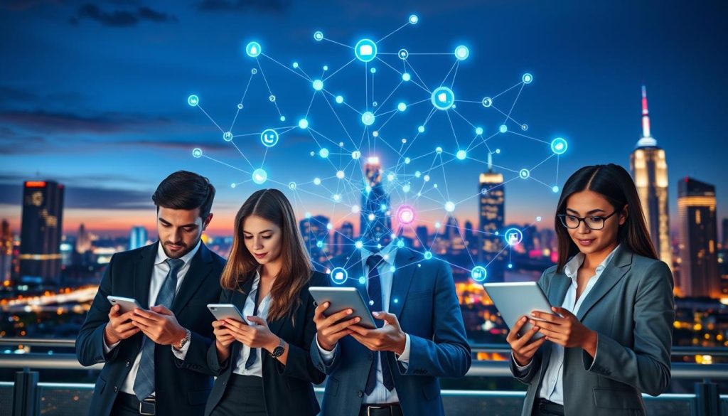 A dynamic and visually striking representation of "AI Algorithms Impact on Social Media." In the foreground, include a diverse group of three professionals in smart business attire, deeply engaged with their devices, showcasing various social media platforms. The middle layer features a vibrant digital network of interconnected nodes and data streams, illustrating the flow of AI algorithms influencing user interactions. In the background, a city skyline at dusk, illuminated by soft, warm lighting, symbolizes the digital age. Use a slightly elevated angle to capture the scene's depth. The atmosphere is both energetic and contemplative, reflecting the dual nature of AI's influence on society. The overall color palette consists of deep blues and bright neon accents, conveying a blend of technology and human connection. A dynamic and visually striking representation of "AI Algorithms Impact on Social Media." In the foreground, include a diverse group of three professionals in smart business attire, deeply engaged with their devices, showcasing various social media platforms. The middle layer features a vibrant digital network of interconnected nodes and data streams, illustrating the flow of AI algorithms influencing user interactions. In the background, a city skyline at dusk, illuminated by soft, warm lighting, symbolizes the digital age. Use a slightly elevated angle to capture the scene's depth. The atmosphere is both energetic and contemplative, reflecting the dual nature of AI's influence on society. The overall color palette consists of deep blues and bright neon accents, conveying a blend of technology and human connection.