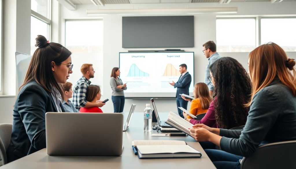A dynamic classroom scene showcasing hybrid learning methods, with a diverse group of students engaged in both online and in-person activities. In the foreground, a student in professional attire is focused on a laptop, while another is taking notes in a traditional notebook. The middle ground features a digital whiteboard displaying interactive learning materials and graphs contrasting unsupervised versus supervised learning. In the background, a teacher is leading a discussion, blending technology and personal interaction. The setting is bright and modern, illuminated by soft, natural light streaming through large windows, creating a collaborative and inspiring atmosphere. The angle is slightly tilted to capture the energy of the students, emphasizing the blend of traditional and digital learning environments. A dynamic classroom scene showcasing hybrid learning methods, with a diverse group of students engaged in both online and in-person activities. In the foreground, a student in professional attire is focused on a laptop, while another is taking notes in a traditional notebook. The middle ground features a digital whiteboard displaying interactive learning materials and graphs contrasting unsupervised versus supervised learning. In the background, a teacher is leading a discussion, blending technology and personal interaction. The setting is bright and modern, illuminated by soft, natural light streaming through large windows, creating a collaborative and inspiring atmosphere. The angle is slightly tilted to capture the energy of the students, emphasizing the blend of traditional and digital learning environments.