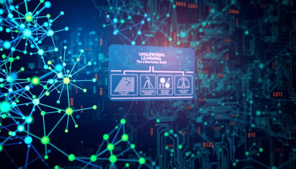 A dynamic illustration representing machine learning algorithms in the context of unsupervised learning. In the foreground, a variety of interconnected neural network nodes glow in vibrant blues and greens, symbolizing complex data patterns being analyzed. The middle ground features a stylized flow chart demonstrating clustering and dimensionality reduction techniques. In the background, abstract data visualizations like scatter plots and data clusters fade into a sleek, high-tech digital environment filled with binary code and circuit patterns. The image is illuminated by soft, ambient lighting to create an innovative and intellectually stimulating atmosphere, with a slight perspective angle that adds depth. The overall mood is one of discovery and exploration in the world of machine learning. A dynamic illustration representing machine learning algorithms in the context of unsupervised learning. In the foreground, a variety of interconnected neural network nodes glow in vibrant blues and greens, symbolizing complex data patterns being analyzed. The middle ground features a stylized flow chart demonstrating clustering and dimensionality reduction techniques. In the background, abstract data visualizations like scatter plots and data clusters fade into a sleek, high-tech digital environment filled with binary code and circuit patterns. The image is illuminated by soft, ambient lighting to create an innovative and intellectually stimulating atmosphere, with a slight perspective angle that adds depth. The overall mood is one of discovery and exploration in the world of machine learning.