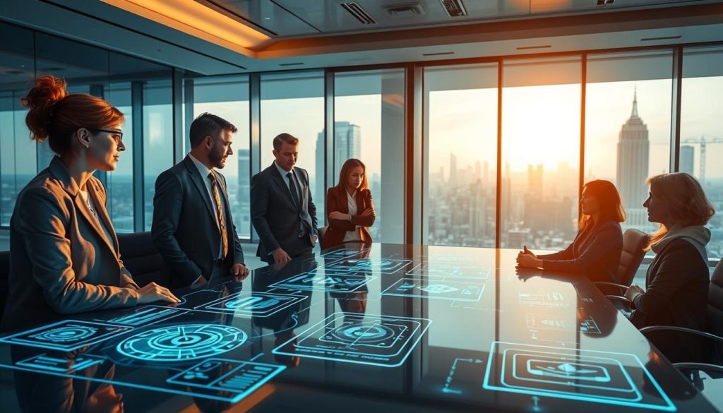 A futuristic boardroom scene representing "Future Trends in AI Ethical Reasoning." In the foreground, a diverse group of professionals in business attire are engaged in a discussion, analyzing holographic AI frameworks projected from a sleek table. The middle ground features digital interfaces displaying complex ethical decision-making algorithms and data visualizations, glowing softly in a blue hue. In the background, panoramic windows reveal a cityscape with advanced architecture, symbolizing progress and innovation. The lighting is bright yet soft, creating an optimistic atmosphere, with a focus on collaboration and insight. Use a warm color palette to evoke a sense of hope and responsibility in AI development, captured from a slightly elevated angle to encompass the entire setting.