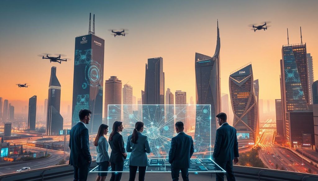 A futuristic cityscape illustrating the concept of Technological Singularity. In the foreground, a group of diverse professionals in smart business attire collaborate around a holographic interface displaying intricate data patterns and neural networks. In the middle ground, towering skyscrapers with glowing digital screens and advanced technologies like drones and autonomous vehicles traverse the streets. The background features a stark skyline with a hint of futuristic architecture merging nature and technology, such as vertical gardens and solar panels. The scene is illuminated by a warm, ethereal light, creating a sense of hope and innovation. Use a wide-angle lens to capture the grandeur and depth, emphasizing the dynamic atmosphere of human-AI collaboration and the transformative power of technology. A futuristic cityscape illustrating the concept of Technological Singularity. In the foreground, a group of diverse professionals in smart business attire collaborate around a holographic interface displaying intricate data patterns and neural networks. In the middle ground, towering skyscrapers with glowing digital screens and advanced technologies like drones and autonomous vehicles traverse the streets. The background features a stark skyline with a hint of futuristic architecture merging nature and technology, such as vertical gardens and solar panels. The scene is illuminated by a warm, ethereal light, creating a sense of hope and innovation. Use a wide-angle lens to capture the grandeur and depth, emphasizing the dynamic atmosphere of human-AI collaboration and the transformative power of technology.