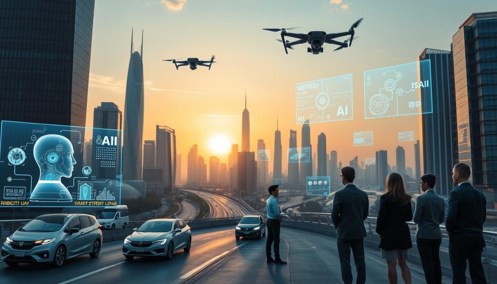 A futuristic cityscape symbolizing the evolution of AI, with sleek skyscrapers and advanced technology seamlessly integrated into everyday life. In the foreground, a diverse group of professionals in business attire discusses holographic displays showcasing AI innovations, such as robotics and data analytics. The middle ground features autonomous vehicles navigating smart roads, while drones fly overhead, delivering goods. In the background, a bright sunset bathes the skyline in warm hues, with floating digital screens projecting trends and predictions for AI advancements. The scene is filled with a sense of optimism and collaboration, illuminated by soft, ambient lighting to evoke a visionary atmosphere. The angle captures the dynamic energy of the environment, conveying the promise of a future shaped by AI. A futuristic cityscape symbolizing the evolution of AI, with sleek skyscrapers and advanced technology seamlessly integrated into everyday life. In the foreground, a diverse group of professionals in business attire discusses holographic displays showcasing AI innovations, such as robotics and data analytics. The middle ground features autonomous vehicles navigating smart roads, while drones fly overhead, delivering goods. In the background, a bright sunset bathes the skyline in warm hues, with floating digital screens projecting trends and predictions for AI advancements. The scene is filled with a sense of optimism and collaboration, illuminated by soft, ambient lighting to evoke a visionary atmosphere. The angle captures the dynamic energy of the environment, conveying the promise of a future shaped by AI.