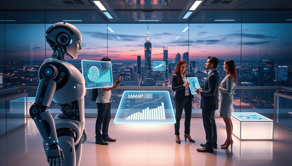 A futuristic comparison of AI and human intelligence, set in a sleek, high-tech laboratory. In the foreground, a humanoid robot with glowing circuitry stands confidently next to a diverse group of professionals in smart business attire, discussing and analyzing data on holographic screens. In the middle ground, large digital interfaces float displaying graphs and trends, symbolizing AI's capabilities in data processing. The background features a panoramic view of a city skyline, illuminated by a twilight glow, symbolizing progress and innovation. Soft, ambient lighting highlights the figures and technology, creating a thought-provoking atmosphere. The image embodies the juxtaposition of human intellect and artificial intelligence, inviting contemplation on their coexistence. A futuristic comparison of AI and human intelligence, set in a sleek, high-tech laboratory. In the foreground, a humanoid robot with glowing circuitry stands confidently next to a diverse group of professionals in smart business attire, discussing and analyzing data on holographic screens. In the middle ground, large digital interfaces float displaying graphs and trends, symbolizing AI's capabilities in data processing. The background features a panoramic view of a city skyline, illuminated by a twilight glow, symbolizing progress and innovation. Soft, ambient lighting highlights the figures and technology, creating a thought-provoking atmosphere. The image embodies the juxtaposition of human intellect and artificial intelligence, inviting contemplation on their coexistence.