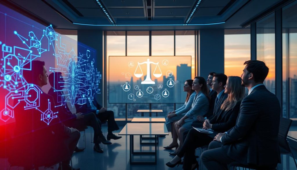A futuristic conference room bathed in soft, blue ambient lighting, showcasing a diverse group of professionals in business attire engaged in a collaborative discussion. In the foreground, a holographic display of a complex decision tree representing AI algorithms glows in vibrant colors. The professionals, comprised of men and women of various ethnic backgrounds, are thoughtfully analyzing the logic behind ethical decision-making in AI. In the middle, a large digital screen shows abstract symbols of ethics and logic, like scales and neural networks, creating a visual link between AI and moral reasoning. The background features floor-to-ceiling windows overlooking a city skyline, adding depth and a modern atmosphere, while a warm light from the setting sun casts long shadows, suggesting a contemplative mood on the implications of AI in society.