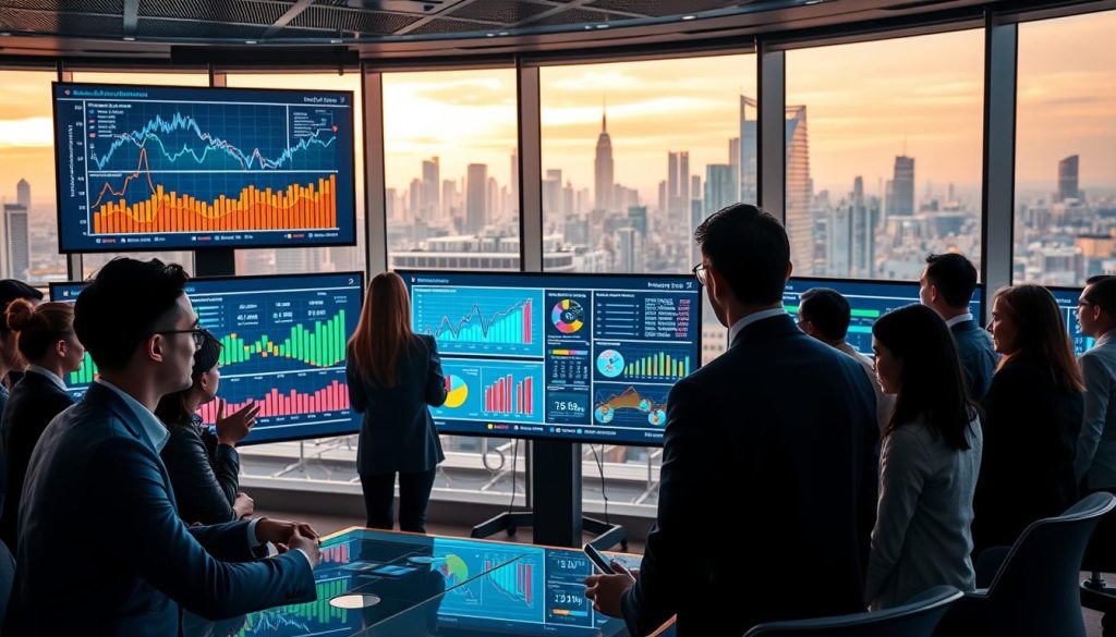 A futuristic conference room filled with large interactive screens displaying various predictive analytics models. In the foreground, a diverse group of professionals in business attire, engaged in focused discussions, analyzing graphs and data trends. In the middle ground, the screens showcase dynamic visualizations of historical data transformed into predictive algorithms, with colorful line graphs, pie charts, and intricate data patterns illuminated. The background features a sleek, glass wall overlooking a city skyline, bathed in warm, natural light that enhances the atmosphere of innovation and collaboration. The overall mood is one of anticipation and insight, encapsulating the essence of predictive analytics poised to decipher future trends. A futuristic conference room filled with large interactive screens displaying various predictive analytics models. In the foreground, a diverse group of professionals in business attire, engaged in focused discussions, analyzing graphs and data trends. In the middle ground, the screens showcase dynamic visualizations of historical data transformed into predictive algorithms, with colorful line graphs, pie charts, and intricate data patterns illuminated. The background features a sleek, glass wall overlooking a city skyline, bathed in warm, natural light that enhances the atmosphere of innovation and collaboration. The overall mood is one of anticipation and insight, encapsulating the essence of predictive analytics poised to decipher future trends.