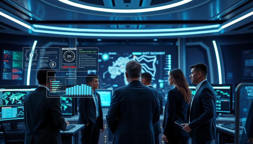 A futuristic control room showcasing AI Enhanced Cybersecurity. In the foreground, a diverse team of cybersecurity professionals in business attire collaborates intensely, analyzing data on floating holographic interfaces displaying complex security metrics and threat alerts. The middle ground features advanced computer screens with glowing code and a digital map highlighting potential vulnerabilities. In the background, sleek, futuristic architecture with a technological ambiance frames the scene, illuminated by soft blue and green neon lighting to create a high-tech atmosphere. The image captures a sense of urgency and focus, with a shallow depth of field emphasizing the professionals while blurring the high-tech surroundings. The overall mood conveys innovation, cooperation, and a proactive approach to security challenges in a digital world. A futuristic control room showcasing AI Enhanced Cybersecurity. In the foreground, a diverse team of cybersecurity professionals in business attire collaborates intensely, analyzing data on floating holographic interfaces displaying complex security metrics and threat alerts. The middle ground features advanced computer screens with glowing code and a digital map highlighting potential vulnerabilities. In the background, sleek, futuristic architecture with a technological ambiance frames the scene, illuminated by soft blue and green neon lighting to create a high-tech atmosphere. The image captures a sense of urgency and focus, with a shallow depth of field emphasizing the professionals while blurring the high-tech surroundings. The overall mood conveys innovation, cooperation, and a proactive approach to security challenges in a digital world.