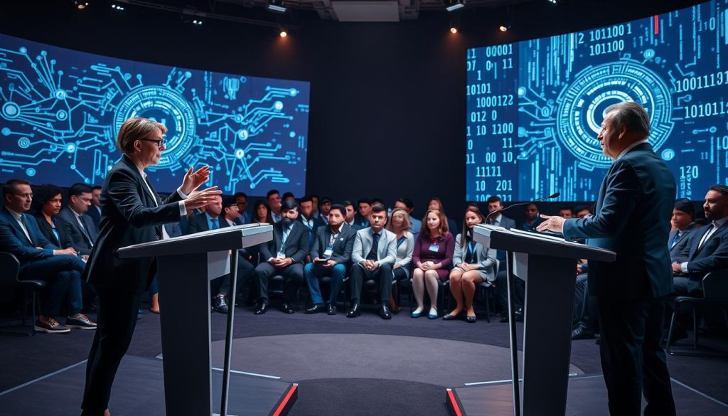 A futuristic debate setting focused on the topic of "Technological Singularity." In the foreground, two speakers engaged in a heated discussion, both dressed in professional business attire, standing confidently behind sleek, modern podiums. One speaker is a woman with glasses, gesturing passionately, while the other is a man with short hair, holding notes. The middle ground features a diverse panel of audience members in rapt attention, subtly illuminated, reflecting a mix of curiosity and skepticism. In the background, a large digital screen displays abstract visuals of AI networks and binary code, glowing softly. The atmosphere is intellectually charged and vibrant, with high-contrast lighting emphasizing expressions. A wide-angle view captures the intensity and dynamism of the debate, making the scene feel immersive and thought-provoking. A futuristic debate setting focused on the topic of "Technological Singularity." In the foreground, two speakers engaged in a heated discussion, both dressed in professional business attire, standing confidently behind sleek, modern podiums. One speaker is a woman with glasses, gesturing passionately, while the other is a man with short hair, holding notes. The middle ground features a diverse panel of audience members in rapt attention, subtly illuminated, reflecting a mix of curiosity and skepticism. In the background, a large digital screen displays abstract visuals of AI networks and binary code, glowing softly. The atmosphere is intellectually charged and vibrant, with high-contrast lighting emphasizing expressions. A wide-angle view captures the intensity and dynamism of the debate, making the scene feel immersive and thought-provoking.