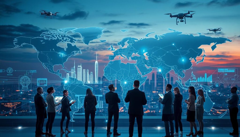 A futuristic global map highlighting security dynamics, with interconnected data streams and holographic displays of key cityscapes symbolizing technological hubs. In the foreground, a diverse group of professionals in business attire interacts with augmented reality interfaces, examining security scenarios. The middle ground features digital representations of AI algorithms and cybersecurity networks, illuminated with glowing lines and circuits. The background showcases a city skyline, with tall buildings and drones patrolling the skies, set against a twilight backdrop with a blend of deep blue and orange hues. The atmosphere is tense yet hopeful, emphasizing the balance between technological advancements and global security. The image is lit with soft ambient light to create a modern, sophisticated feel. A futuristic global map highlighting security dynamics, with interconnected data streams and holographic displays of key cityscapes symbolizing technological hubs. In the foreground, a diverse group of professionals in business attire interacts with augmented reality interfaces, examining security scenarios. The middle ground features digital representations of AI algorithms and cybersecurity networks, illuminated with glowing lines and circuits. The background showcases a city skyline, with tall buildings and drones patrolling the skies, set against a twilight backdrop with a blend of deep blue and orange hues. The atmosphere is tense yet hopeful, emphasizing the balance between technological advancements and global security. The image is lit with soft ambient light to create a modern, sophisticated feel.