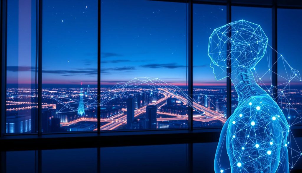 A futuristic, high-tech representation of superintelligent AI, set in a sleek, modern workspace. In the foreground, a translucent, holographic humanoid figure with intricate circuits and glowing blue accents symbolizes AI consciousness. In the middle ground, a series of complex data streams and algorithms flow like streams of light, intertwining with ethereal, geometric shapes that represent vast knowledge. The background features a panoramic window showcasing a bustling futuristic cityscape under a twilight sky, with shimmering stars just beginning to appear. The lighting is a blend of cool blues and purples, creating a mysterious and thought-provoking atmosphere. The scene captures both the wonder and inherent risks associated with superintelligent AI, inviting contemplation and curiosity. A futuristic, high-tech representation of superintelligent AI, set in a sleek, modern workspace. In the foreground, a translucent, holographic humanoid figure with intricate circuits and glowing blue accents symbolizes AI consciousness. In the middle ground, a series of complex data streams and algorithms flow like streams of light, intertwining with ethereal, geometric shapes that represent vast knowledge. The background features a panoramic window showcasing a bustling futuristic cityscape under a twilight sky, with shimmering stars just beginning to appear. The lighting is a blend of cool blues and purples, creating a mysterious and thought-provoking atmosphere. The scene captures both the wonder and inherent risks associated with superintelligent AI, inviting contemplation and curiosity.