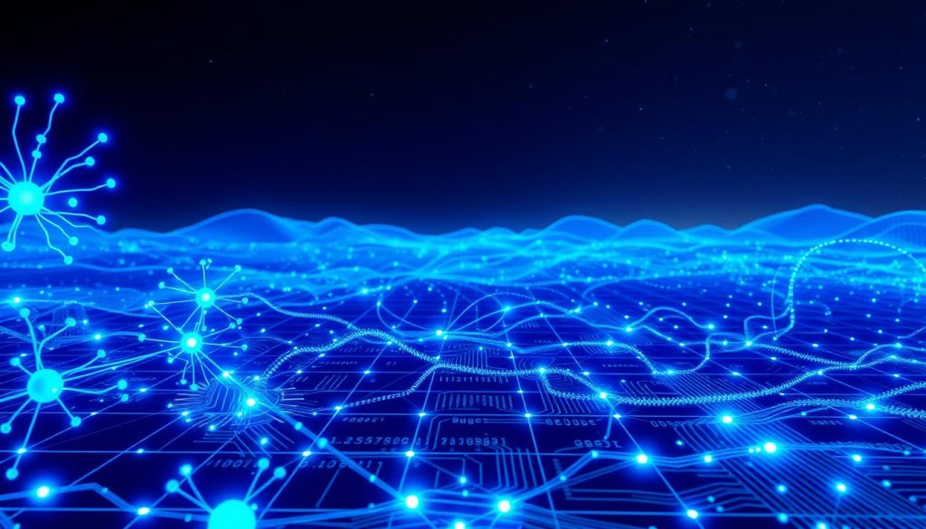 A futuristic, high-tech visualization of a neural network operation, showcasing interconnected nodes and layers pulsing with vibrant blue and green lights. In the foreground, a stylized representation of artificial neurons firing synapses, creating luminous pathways. The middle ground features a grid of digital circuits that symbolize data transfer, with flowing binary code cascading between them. The background depicts a sleek, abstract landscape of data visualization graphs and neural network schemas, blended with a subtle starry sky, creating a sense of vast connectivity. The scene is illuminated by soft, ethereal lighting that casts gentle shadows, enhancing the mood of intelligence and innovation. Capture this composition from a slightly elevated angle for dynamic depth.