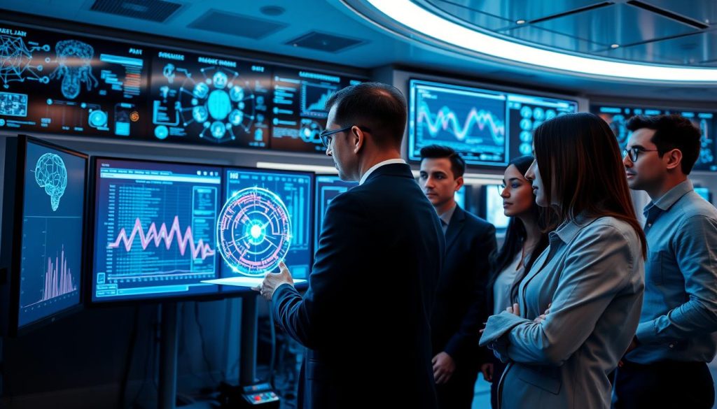 A futuristic laboratory filled with advanced computer screens displaying neural networks and data visualizations. In the foreground, a diverse group of professionals in business attire collaborates, examining a glowing holographic representation of a deep learning algorithm. The middle ground features large monitors with vibrant graphs and charts, showcasing breakthroughs in AI and machine learning. The background reveals sleek, high-tech equipment surrounded by soft blue and white lighting, creating a sterile yet energetic atmosphere. The scene is captured from a slight low angle to emphasize the technological advancements and the seriousness of their work, while maintaining a sense of optimism about the future of AI. A futuristic laboratory filled with advanced computer screens displaying neural networks and data visualizations. In the foreground, a diverse group of professionals in business attire collaborates, examining a glowing holographic representation of a deep learning algorithm. The middle ground features large monitors with vibrant graphs and charts, showcasing breakthroughs in AI and machine learning. The background reveals sleek, high-tech equipment surrounded by soft blue and white lighting, creating a sterile yet energetic atmosphere. The scene is captured from a slight low angle to emphasize the technological advancements and the seriousness of their work, while maintaining a sense of optimism about the future of AI.
