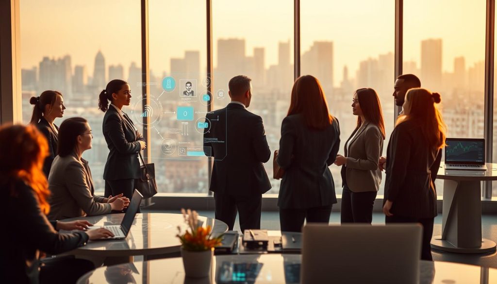 A futuristic office environment showcasing AI transparency in operations. In the foreground, a diverse group of professionals in business attire are engaged in a collaborative discussion around a transparent digital interface displaying data flows and AI insights. In the middle ground, sleek, modern workstations featuring holographic displays emphasize the integration of technology and ethics. In the background, large windows reveal a city skyline under soft, natural lighting, creating a professional yet inviting atmosphere. The image should have a warm color palette to convey optimism and trust, captured from a slightly elevated angle to emphasize the collaborative environment and the impact of AI on decision-making processes. A futuristic office environment showcasing AI transparency in operations. In the foreground, a diverse group of professionals in business attire are engaged in a collaborative discussion around a transparent digital interface displaying data flows and AI insights. In the middle ground, sleek, modern workstations featuring holographic displays emphasize the integration of technology and ethics. In the background, large windows reveal a city skyline under soft, natural lighting, creating a professional yet inviting atmosphere. The image should have a warm color palette to convey optimism and trust, captured from a slightly elevated angle to emphasize the collaborative environment and the impact of AI on decision-making processes.