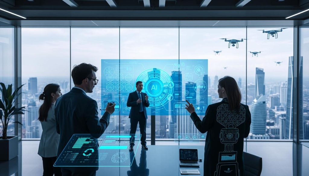 A futuristic office environment showcasing advanced AI technologies integrating Explainable AI (XAI). In the foreground, a diverse team of three professionals in business attire interact with holographic data displays, analyzing complex AI algorithms with visual representations. In the middle, a large digital screen demonstrates transparent AI decision-making processes, illuminated with vibrant blue and green light, while AI entities, depicted as abstract shapes, float nearby, emphasizing their interpretative capabilities. The background features a sleek, modern city skyline with smart buildings and drones flying, symbolizing the integration of AI in urban life. Soft, ambient lighting creates a cohesive and optimistic atmosphere, inviting an exploration of the future of AI and XAI technologies.