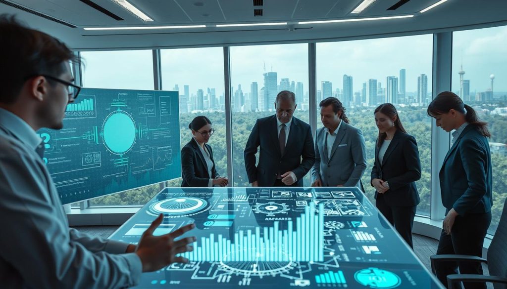 A futuristic office environment showcasing advanced AI technology. In the foreground, a diverse team of professionals, dressed in smart business attire, collaborates over a holographic interface displaying complex data analytics. The middle ground features sleek, transparent screens with 3D visualizations of AI algorithms and neural networks. Soft, ambient lighting creates a high-tech atmosphere, with cool blue and green tones dominating the scene. In the background, large windows reveal a city skyline intermingled with greenery, suggesting a harmonious balance between technology and nature. The scene is captured with a slight low-angle perspective to emphasize the innovation and progress, evoking a sense of optimism about the future of AI advancements. A futuristic office environment showcasing advanced AI technology. In the foreground, a diverse team of professionals, dressed in smart business attire, collaborates over a holographic interface displaying complex data analytics. The middle ground features sleek, transparent screens with 3D visualizations of AI algorithms and neural networks. Soft, ambient lighting creates a high-tech atmosphere, with cool blue and green tones dominating the scene. In the background, large windows reveal a city skyline intermingled with greenery, suggesting a harmonious balance between technology and nature. The scene is captured with a slight low-angle perspective to emphasize the innovation and progress, evoking a sense of optimism about the future of AI advancements.