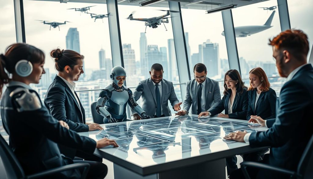 A futuristic office environment showcasing the impact of AI on employment. In the foreground, a diverse group of professionals in smart business attire collaborates around a sleek, high-tech table, analyzing data displayed on holographic screens. In the middle ground, robots and AI assistants are seen working alongside humans, emphasizing cooperation and innovation. The background features large windows revealing a city skyline with drones and smart vehicles, symbolizing the advanced technological landscape. Soft, ambient lighting creates a dynamic yet professional atmosphere, while a shallow depth of field focuses on the interacting individuals, highlighting their expressions of focus and collaboration. The overall mood is one of optimism and progress in the workplace. A futuristic office environment showcasing the impact of AI on employment. In the foreground, a diverse group of professionals in smart business attire collaborates around a sleek, high-tech table, analyzing data displayed on holographic screens. In the middle ground, robots and AI assistants are seen working alongside humans, emphasizing cooperation and innovation. The background features large windows revealing a city skyline with drones and smart vehicles, symbolizing the advanced technological landscape. Soft, ambient lighting creates a dynamic yet professional atmosphere, while a shallow depth of field focuses on the interacting individuals, highlighting their expressions of focus and collaboration. The overall mood is one of optimism and progress in the workplace.