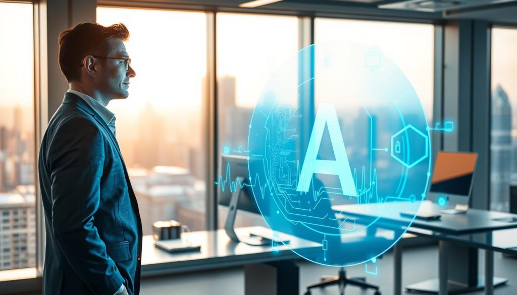 A futuristic office setting featuring a trustworthy AI as a visually represented hologram. In the foreground, the hologram emanates a soft blue glow, displaying intricate circuits and gentle pulse patterns, symbolizing both intelligence and reliability. A professional in business attire stands nearby, looking attentively at the hologram with a thoughtful expression, suggesting engagement and trust. In the middle ground, sleek technology, such as a modern desk with a computer and digital interfaces, enhances the atmosphere of innovation. The background showcases large windows with a panoramic city view, bathed in warm natural light that filters in, creating a balanced contrast with the cool tones of the AI. The overall mood is one of trust, clarity, and professionalism.