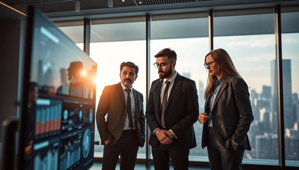A futuristic office setting showcasing an advanced AI interface on a large, sleek screen at the foreground, displaying visual data and algorithms. In the middle, a diverse group of three professionals in business attire is engaged in a collaborative discussion, leaning towards the screen. A soft glow emanates from the screen, casting dynamic light shadows on their focused faces, emphasizing curiosity and intrigue. The background features large windows revealing a city skyline, with daylight filtering in, creating a bright and optimistic atmosphere. Use a shallow depth of field to highlight the professionals and the AI interface while softly blurring the cityscape, conveying a sense of technology and innovation driving progress. Overall, the mood should be one of enlightenment and discovery.