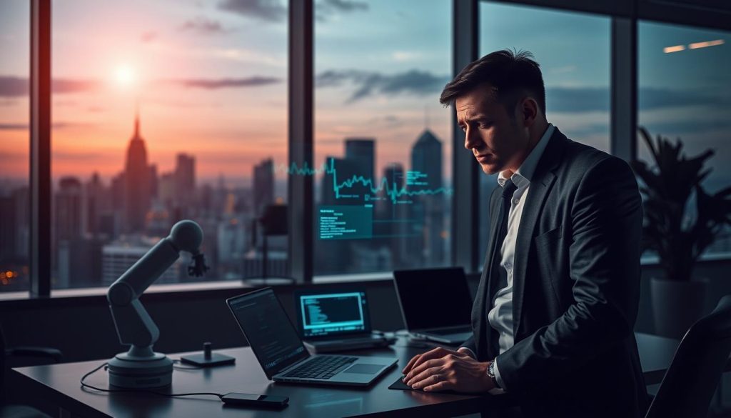A futuristic office setting showcasing the concept of AI reliability concerns. In the foreground, a worried business professional in smart attire, looking at a holographic display of fluctuating data and warning symbols. In the middle, a sleek, modern desk cluttered with AI-related devices, like a malfunctioning robot arm and an open laptop with error messages on the screen. The background features a large window with a cityscape silhouetted against dusky twilight, casting a soft glow and creating an atmosphere of tension. Use dramatic lighting to emphasize shadows, enhancing the mood of uncertainty and anxiety about AI failures. Capture the scene from a slightly low angle to give the subject prominence and create a sense of urgency in the depiction. A futuristic office setting showcasing the concept of AI reliability concerns. In the foreground, a worried business professional in smart attire, looking at a holographic display of fluctuating data and warning symbols. In the middle, a sleek, modern desk cluttered with AI-related devices, like a malfunctioning robot arm and an open laptop with error messages on the screen. The background features a large window with a cityscape silhouetted against dusky twilight, casting a soft glow and creating an atmosphere of tension. Use dramatic lighting to emphasize shadows, enhancing the mood of uncertainty and anxiety about AI failures. Capture the scene from a slightly low angle to give the subject prominence and create a sense of urgency in the depiction.