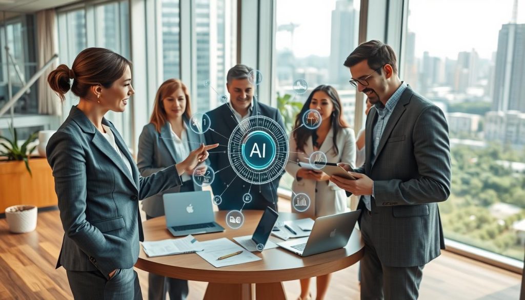 A futuristic office setting where diverse professionals engage in a lively discussion around a holographic display of interconnected AI systems, symbolizing ethical AI governance. In the foreground, a woman in a smart business suit points to the hologram, showcasing visual elements like algorithms and ethical metrics, while a man in glasses takes notes on a digital tablet. The middle ground features a round table with laptops and documents scattered about. In the background, large windows reveal a cityscape with green spaces, emphasizing sustainability. Soft, natural lighting filters in, creating a warm and collaborative atmosphere. The composition should showcase a balance of technology and human interaction, inspiring hope and responsibility in AI evolution. A futuristic office setting where diverse professionals engage in a lively discussion around a holographic display of interconnected AI systems, symbolizing ethical AI governance. In the foreground, a woman in a smart business suit points to the hologram, showcasing visual elements like algorithms and ethical metrics, while a man in glasses takes notes on a digital tablet. The middle ground features a round table with laptops and documents scattered about. In the background, large windows reveal a cityscape with green spaces, emphasizing sustainability. Soft, natural lighting filters in, creating a warm and collaborative atmosphere. The composition should showcase a balance of technology and human interaction, inspiring hope and responsibility in AI evolution.