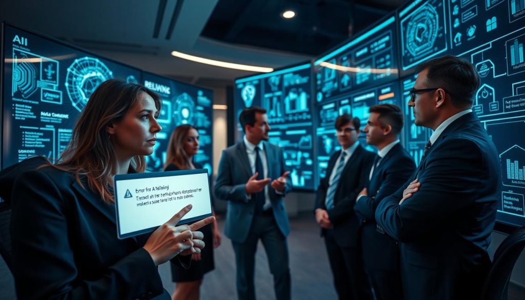A futuristic office setting with a diverse group of professionals in business attire, analyzing data on multiple screens displaying AI algorithms and charts. In the foreground, a concerned-looking woman points to an error message, symbolizing the reliability issues in AI systems. The middle ground features colleagues discussing, with visuals of complex neural networks and data flow charts projected on transparent screens around them. The background shows a modern office environment, with dimmed lighting that enhances the focus on the screens. A cool color palette, predominantly blues and grays, evokes a sense of seriousness, highlighting the technical risks associated with AI. Soft shadows add depth, and the angle is slightly low, emphasizing the professionals' engaged discussions in this critical atmosphere. A futuristic office setting with a diverse group of professionals in business attire, analyzing data on multiple screens displaying AI algorithms and charts. In the foreground, a concerned-looking woman points to an error message, symbolizing the reliability issues in AI systems. The middle ground features colleagues discussing, with visuals of complex neural networks and data flow charts projected on transparent screens around them. The background shows a modern office environment, with dimmed lighting that enhances the focus on the screens. A cool color palette, predominantly blues and grays, evokes a sense of seriousness, highlighting the technical risks associated with AI. Soft shadows add depth, and the angle is slightly low, emphasizing the professionals' engaged discussions in this critical atmosphere.