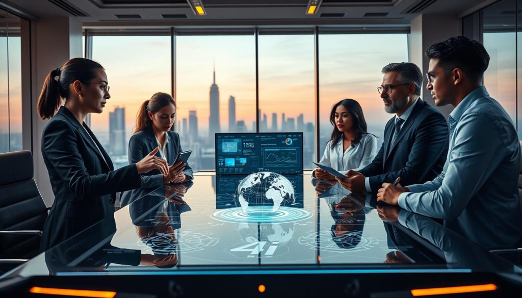 A futuristic office setting with a group of diverse professionals gathered around a high-tech conference table, intensely discussing AI technology and its implications. In the foreground, an Asian woman in a tailored suit gestures toward a holographic display showcasing AI advancements, while a Black man in business casual attire takes notes. The middle ground features several screens displaying complex data visualizations related to AI risks. In the background, large windows reveal a skyline of advanced city infrastructure, subtly illuminated by the soft glow of sunset. The atmosphere is serious yet optimistic, with warm lighting that highlights the focus on collaboration and innovation. The angle is slightly elevated, capturing the dynamic interactions between the individuals. A futuristic office setting with a group of diverse professionals gathered around a high-tech conference table, intensely discussing AI technology and its implications. In the foreground, an Asian woman in a tailored suit gestures toward a holographic display showcasing AI advancements, while a Black man in business casual attire takes notes. The middle ground features several screens displaying complex data visualizations related to AI risks. In the background, large windows reveal a skyline of advanced city infrastructure, subtly illuminated by the soft glow of sunset. The atmosphere is serious yet optimistic, with warm lighting that highlights the focus on collaboration and innovation. The angle is slightly elevated, capturing the dynamic interactions between the individuals.