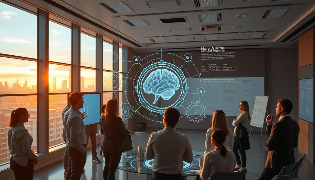 A futuristic office space showcasing a collaborative workshop on "AI safety goals and challenges." In the foreground, a diverse group of professionals in business attire are discussing ideas around a holographic display of interconnected gears and an AI brain, representing complex AI alignment issues. In the middle ground, large screens depict graphs and flowcharts while a whiteboard illustrates key concepts related to AI safety and potential pitfalls. The background features floor-to-ceiling windows with a view of a modern city skyline at sunset, bathing the room in warm, golden light. The atmosphere conveys a sense of urgency and focus, reflecting the critical challenges faced in aligning AI with human values and safety. The angle is slightly elevated, offering a comprehensive view of the dynamic workshop environment. A futuristic office space showcasing a collaborative workshop on "AI safety goals and challenges." In the foreground, a diverse group of professionals in business attire are discussing ideas around a holographic display of interconnected gears and an AI brain, representing complex AI alignment issues. In the middle ground, large screens depict graphs and flowcharts while a whiteboard illustrates key concepts related to AI safety and potential pitfalls. The background features floor-to-ceiling windows with a view of a modern city skyline at sunset, bathing the room in warm, golden light. The atmosphere conveys a sense of urgency and focus, reflecting the critical challenges faced in aligning AI with human values and safety. The angle is slightly elevated, offering a comprehensive view of the dynamic workshop environment.
