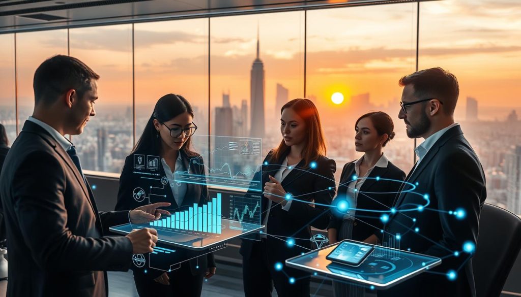 A futuristic office space showcasing the integration of IoT and AI for predictive analytics. In the foreground, a diverse group of professionals in modern business attire interact with advanced holographic displays, analyzing data streams and predictive graphs. In the middle background, sleek smart devices and IoT sensors are seamlessly connected to the cloud, with visual representations of data flow illustrated by glowing lines and nodes. The background features a panoramic view of a city skyline bathed in soft, ambient light from a setting sun, reflecting innovation and progress. The overall atmosphere is dynamic and inspiring, emphasizing a blend of technology and teamwork, with a focus on collaboration and foresight. The lighting is bright and focused, enhancing the sense of futuristic clarity. A futuristic office space showcasing the integration of IoT and AI for predictive analytics. In the foreground, a diverse group of professionals in modern business attire interact with advanced holographic displays, analyzing data streams and predictive graphs. In the middle background, sleek smart devices and IoT sensors are seamlessly connected to the cloud, with visual representations of data flow illustrated by glowing lines and nodes. The background features a panoramic view of a city skyline bathed in soft, ambient light from a setting sun, reflecting innovation and progress. The overall atmosphere is dynamic and inspiring, emphasizing a blend of technology and teamwork, with a focus on collaboration and foresight. The lighting is bright and focused, enhancing the sense of futuristic clarity.
