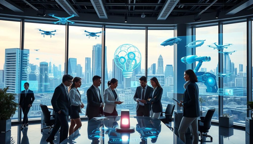 A futuristic office space with advanced holographic displays showcasing the applications of artificial consciousness in various industries. In the foreground, a diverse group of professionals in business attire collaborate around a sleek, high-tech workstation. The middle ground features vivid holograms of AI in healthcare, education, and robotics, illustrating their transformative potential. In the background, large windows reveal a city skyline with flying drones and automated transport systems, suggesting a world enhanced by artificial consciousness. The atmosphere is dynamic and optimistic, illuminated by soft, ambient lighting to give a sense of innovation and collaboration. The angle is slightly elevated to capture both the people and the technology effectively, fostering a sense of engagement and forward-thinking.