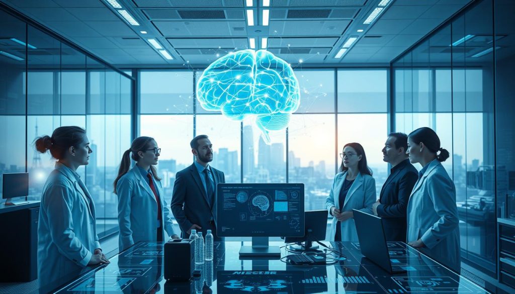 A futuristic research laboratory focusing on artificial consciousness. In the foreground, a diverse group of scientists in professional business attire, both men and women, collaboratively analyzing holographic brain models and neural networks hovering above a sleek digital workspace. In the middle, advanced computer screens display real-time data and visuals representing neural connections and cognitive processes. The background features large glass panels showcasing a city skyline, indicating a blend of technology and nature. Soft, ambient blue and green lighting creates an atmosphere of innovation and hope, while subtle lens flare effects suggest advanced technology at play. The scene embodies a sense of progress and collaboration in the field of artificial consciousness.