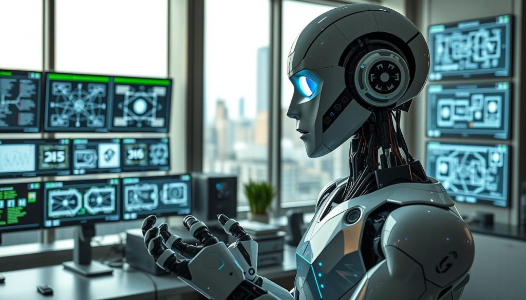 A futuristic setting showcasing a sleek, humanoid robot engaged in an autonomous learning process. In the foreground, the robot, equipped with advanced sensors and interactive displays, is actively analyzing data and solving problems with expressed focus. In the middle ground, a high-tech lab environment filled with monitors displaying complex algorithms and reinforcement learning diagrams, illustrating the robot's learning pathway. The background features a large window overlooking a cityscape, emphasizing the integration of robotics into urban life. Soft, focused lighting highlights the robot, creating a contrast against the ambient lab atmosphere. The overall mood is one of innovation and possibility, conveying the cutting-edge nature of reinforcement learning applications in robotics. A futuristic setting showcasing a sleek, humanoid robot engaged in an autonomous learning process. In the foreground, the robot, equipped with advanced sensors and interactive displays, is actively analyzing data and solving problems with expressed focus. In the middle ground, a high-tech lab environment filled with monitors displaying complex algorithms and reinforcement learning diagrams, illustrating the robot's learning pathway. The background features a large window overlooking a cityscape, emphasizing the integration of robotics into urban life. Soft, focused lighting highlights the robot, creating a contrast against the ambient lab atmosphere. The overall mood is one of innovation and possibility, conveying the cutting-edge nature of reinforcement learning applications in robotics.