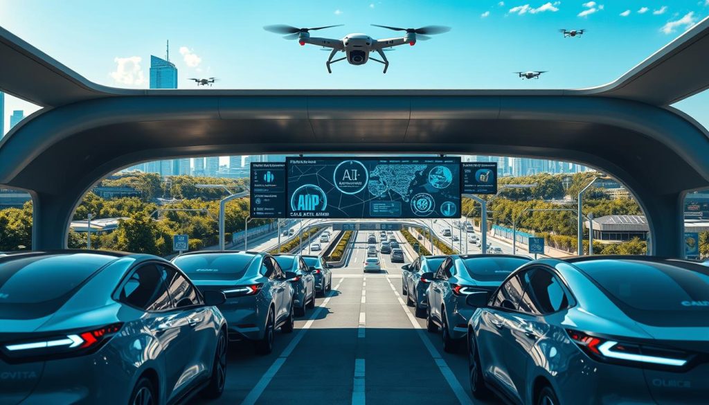 A futuristic transportation hub showcasing advanced AI technology. In the foreground, sleek autonomous vehicles with illuminated LED displays and smooth aerodynamic designs are lined up for passengers. The middle ground features a digital interface with holographic maps and AI-driven traffic management systems. Drones hover above, delivering packages in the bustling environment. The background reveals a modern city skyline with green spaces and solar panels, all under a bright blue sky. Soft, diffused lighting creates an optimistic atmosphere, enhancing the sense of innovation. The scene is captured from a slightly elevated angle, emphasizing the hub's interconnectedness and sophistication. A futuristic transportation hub showcasing advanced AI technology. In the foreground, sleek autonomous vehicles with illuminated LED displays and smooth aerodynamic designs are lined up for passengers. The middle ground features a digital interface with holographic maps and AI-driven traffic management systems. Drones hover above, delivering packages in the bustling environment. The background reveals a modern city skyline with green spaces and solar panels, all under a bright blue sky. Soft, diffused lighting creates an optimistic atmosphere, enhancing the sense of innovation. The scene is captured from a slightly elevated angle, emphasizing the hub's interconnectedness and sophistication.