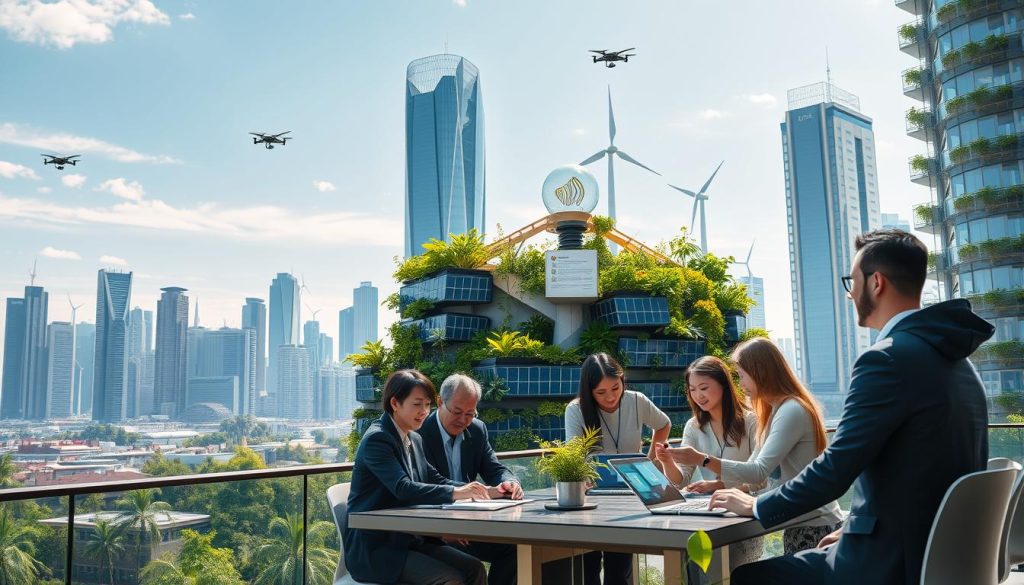 A futuristic urban landscape showcasing the concept of "AI sustainability." In the foreground, a diverse group of professionals in business attire collaborates around a table with advanced digital devices displaying eco-friendly AI solutions. The middle layer features a lush vertical garden filled with greenery and solar panels integrated into smart buildings, symbolizing the harmony of technology and nature. In the background, a skyline of sleek skyscrapers with wind turbines and drones can be seen under a bright blue sky, conveying innovation and progress. The scene is illuminated by soft, natural sunlight, creating a hopeful and inspiring atmosphere. The angle is slightly elevated, capturing the dynamic interaction between nature and AI technologies, emphasizing the theme of sustainability. A futuristic urban landscape showcasing the concept of "AI sustainability." In the foreground, a diverse group of professionals in business attire collaborates around a table with advanced digital devices displaying eco-friendly AI solutions. The middle layer features a lush vertical garden filled with greenery and solar panels integrated into smart buildings, symbolizing the harmony of technology and nature. In the background, a skyline of sleek skyscrapers with wind turbines and drones can be seen under a bright blue sky, conveying innovation and progress. The scene is illuminated by soft, natural sunlight, creating a hopeful and inspiring atmosphere. The angle is slightly elevated, capturing the dynamic interaction between nature and AI technologies, emphasizing the theme of sustainability.
