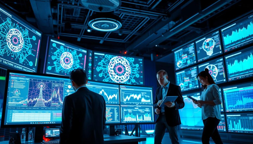 A futuristic workspace featuring an intricate machine learning control system. In the foreground, a sleek computer interface displays dynamic data visualizations and algorithms in vibrant colors, with glowing nodes representing neural networks. The middle ground includes professionals in smart casual attire, deeply engaged with the technology, analyzing charts on tablets. In the background, towering screens showcase complex machine learning models and real-time data analysis, illuminated by a cool blue and green ambient light. The overall atmosphere conveys a sense of innovation and advanced technology, with a focus on the collaborative nature of AI and human interaction. The composition is shot from a slightly elevated angle to provide depth and perspective, enhancing the dynamism of the scene.
