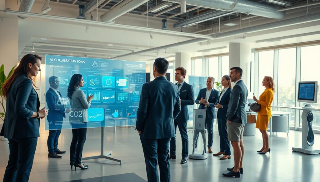 A futuristic workspace illustrating "AI Collaboration Tools." In the foreground, a diverse group of professionals in smart business attire is engaged in a lively discussion around a sleek, digital interface showcasing AI data visualizations. The middle ground features advanced AI tools like holographic displays, smart screens, and robotic assistants interacting with human users, highlighting seamless collaboration. In the background, an open and modern office environment with soft, ambient lighting and large windows allows natural light to filter through, creating an inviting atmosphere. The overall mood is innovative and hopeful, embodying the concept of harmonious human-AI partnership. The composition is captured from a slightly elevated angle to provide a comprehensive view of this collaborative scene, emphasizing the potential of technology in enhancing teamwork and creativity. A futuristic workspace illustrating "AI Collaboration Tools." In the foreground, a diverse group of professionals in smart business attire is engaged in a lively discussion around a sleek, digital interface showcasing AI data visualizations. The middle ground features advanced AI tools like holographic displays, smart screens, and robotic assistants interacting with human users, highlighting seamless collaboration. In the background, an open and modern office environment with soft, ambient lighting and large windows allows natural light to filter through, creating an inviting atmosphere. The overall mood is innovative and hopeful, embodying the concept of harmonious human-AI partnership. The composition is captured from a slightly elevated angle to provide a comprehensive view of this collaborative scene, emphasizing the potential of technology in enhancing teamwork and creativity.