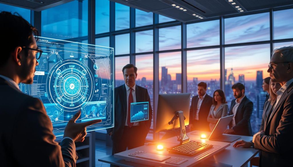 A futuristic workspace illustrating the concept of "Generative AI understanding". In the foreground, a diverse group of professionals in business attire, focused on a holographic interface displaying complex AI algorithms and neural networks. In the middle ground, sleek computer systems and digital screens showing visualizations of data and AI models in action, surrounded by glowing circuit patterns. The background features a modern office with large windows revealing a vibrant city skyline, showcasing an evening sky bathed in soft blue and purple hues. Dramatic lighting highlights the faces of the professionals, emphasizing collaboration and innovation. The atmosphere is dynamic and inspiring, reflecting the excitement of building AI models. A futuristic workspace illustrating the concept of "Generative AI understanding". In the foreground, a diverse group of professionals in business attire, focused on a holographic interface displaying complex AI algorithms and neural networks. In the middle ground, sleek computer systems and digital screens showing visualizations of data and AI models in action, surrounded by glowing circuit patterns. The background features a modern office with large windows revealing a vibrant city skyline, showcasing an evening sky bathed in soft blue and purple hues. Dramatic lighting highlights the faces of the professionals, emphasizing collaboration and innovation. The atmosphere is dynamic and inspiring, reflecting the excitement of building AI models.
