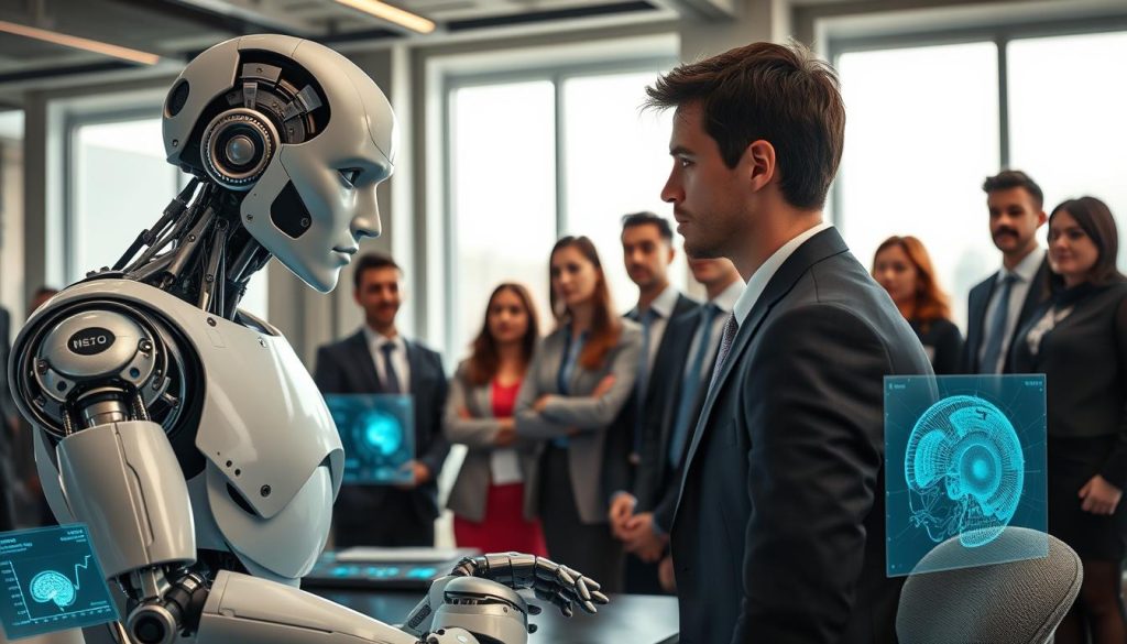 A futuristic workspace showcasing the contrast between artificial intelligence and human emotions. In the foreground, a humanoid robot with expressive facial features appears to be engaged in deep thought, its metallic arm resting on a desk scattered with holographic screens displaying graphs and neural networks. In the middle ground, a diverse group of professionals in smart business attire observes the robot, showing a mix of curiosity and skepticism, their expressions reflecting a blend of wonder and doubt. The background features a sleek, modern office with soft, natural lighting coming through large windows, illuminating the scene and casting gentle shadows. The mood is contemplative, evoking a sense of questioning the boundaries between human cognition and artificial intelligence. The angle is slightly elevated, providing a comprehensive view of the interaction. A futuristic workspace showcasing the contrast between artificial intelligence and human emotions. In the foreground, a humanoid robot with expressive facial features appears to be engaged in deep thought, its metallic arm resting on a desk scattered with holographic screens displaying graphs and neural networks. In the middle ground, a diverse group of professionals in smart business attire observes the robot, showing a mix of curiosity and skepticism, their expressions reflecting a blend of wonder and doubt. The background features a sleek, modern office with soft, natural lighting coming through large windows, illuminating the scene and casting gentle shadows. The mood is contemplative, evoking a sense of questioning the boundaries between human cognition and artificial intelligence. The angle is slightly elevated, providing a comprehensive view of the interaction.