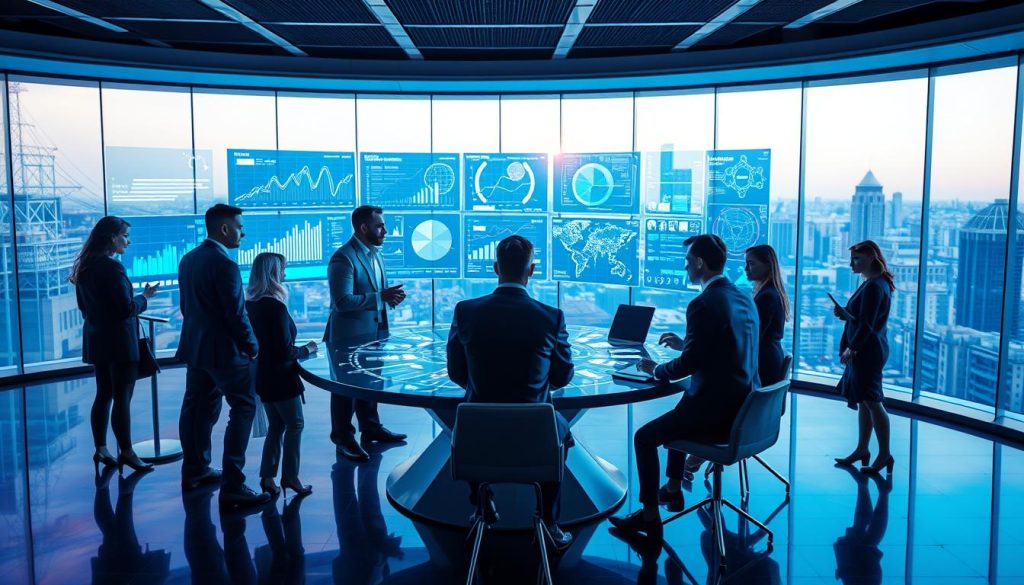 A futuristic workspace showcasing the process of AI self-improvement through data analysis. In the foreground, a diverse group of professionals in business attire is gathered around a sleek round table, studying vibrant holographic data visualizations, showcasing graphs, algorithms, and neural networks. The middle section features a modern AI setup with glowing screens filled with data patterns and complex models, reflecting the high-tech environment. The background displays a glass wall overlooking a city skyline, with soft blue ambient lighting illuminating the room to create a productive atmosphere. The scene conveys a sense of collaboration and innovation, emphasizing the synergy between human expertise and machine learning. Use a wide-angle lens to capture the depth of the workspace, highlighting the intricate details of the technology involved. A futuristic workspace showcasing the process of AI self-improvement through data analysis. In the foreground, a diverse group of professionals in business attire is gathered around a sleek round table, studying vibrant holographic data visualizations, showcasing graphs, algorithms, and neural networks. The middle section features a modern AI setup with glowing screens filled with data patterns and complex models, reflecting the high-tech environment. The background displays a glass wall overlooking a city skyline, with soft blue ambient lighting illuminating the room to create a productive atmosphere. The scene conveys a sense of collaboration and innovation, emphasizing the synergy between human expertise and machine learning. Use a wide-angle lens to capture the depth of the workspace, highlighting the intricate details of the technology involved.