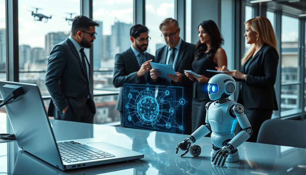 A futuristic workspace showcasing various types of current AI technologies. In the foreground, a sleek, modern laptop is open, displaying complex algorithms and AI simulations. Beside it, a miniature humanoid robot, equipped with sensors and glowing blue eyes, symbolizes advanced robotics. In the middle ground, a diverse team of professionals in business attire collaborates, analyzing data on a transparent digital display. One individual is pointing at a holographic representation of neural networks, while another takes notes. The background features a large window revealing a city skyline, with drones flying outside and solar panels on rooftops, hinting at smart city infrastructure. The lighting is bright and dynamic, with a soft blue hue, creating a productive and innovative atmosphere that reflects excitement for the future of AI technologies. A futuristic workspace showcasing various types of current AI technologies. In the foreground, a sleek, modern laptop is open, displaying complex algorithms and AI simulations. Beside it, a miniature humanoid robot, equipped with sensors and glowing blue eyes, symbolizes advanced robotics. In the middle ground, a diverse team of professionals in business attire collaborates, analyzing data on a transparent digital display. One individual is pointing at a holographic representation of neural networks, while another takes notes. The background features a large window revealing a city skyline, with drones flying outside and solar panels on rooftops, hinting at smart city infrastructure. The lighting is bright and dynamic, with a soft blue hue, creating a productive and innovative atmosphere that reflects excitement for the future of AI technologies.