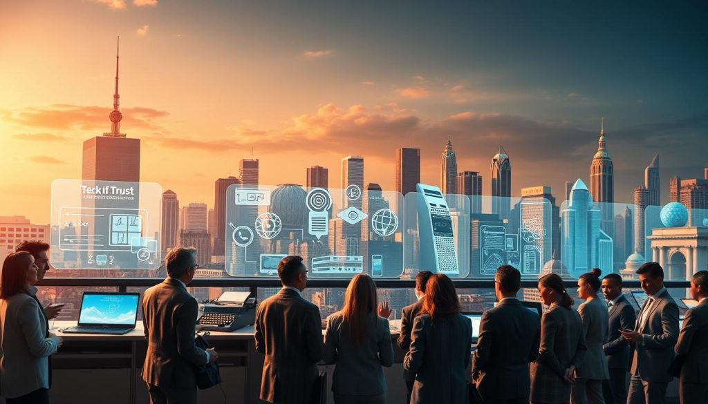 A historical tech trust scene depicting a timeline of technology evolution in a vibrant, inspiring manner. In the foreground, a diverse group of professionals in business attire, engaged in discussion, are surrounded by holographic displays showcasing key technological milestones—like early computers, the internet, and AI systems. The middle ground features vintage gadgets like typewriters and rotary phones transitioning into modern devices, symbolizing the evolution of trust in technology. The background shines with soft, warm lighting, highlighting a skyline of futuristic buildings intertwined with classic architecture, creating a harmonious blend of past and future. A sense of hope and reliability permeates the atmosphere, inviting viewers to reflect on the journey of trust in technology. A historical tech trust scene depicting a timeline of technology evolution in a vibrant, inspiring manner. In the foreground, a diverse group of professionals in business attire, engaged in discussion, are surrounded by holographic displays showcasing key technological milestones—like early computers, the internet, and AI systems. The middle ground features vintage gadgets like typewriters and rotary phones transitioning into modern devices, symbolizing the evolution of trust in technology. The background shines with soft, warm lighting, highlighting a skyline of futuristic buildings intertwined with classic architecture, creating a harmonious blend of past and future. A sense of hope and reliability permeates the atmosphere, inviting viewers to reflect on the journey of trust in technology.