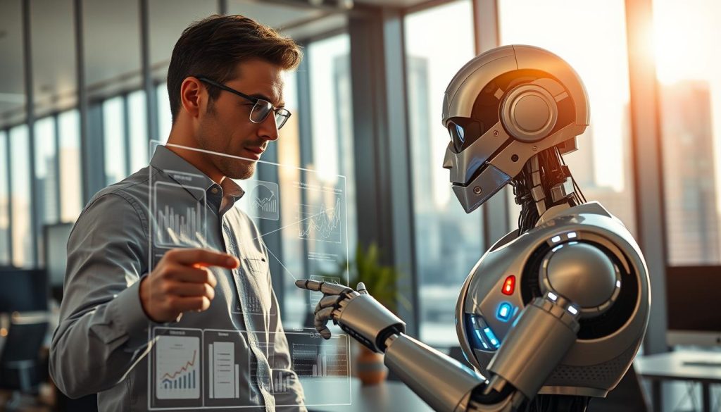 A human and a robot collaborating in a modern office space, the human dressed in professional business attire, engaged in a thoughtful discussion over a holographic display illustrating complex data analyses. In the foreground, the human points at the data while the robot, designed with sleek metallic features and friendly LED lights, tilts its head in curiosity. The middle ground features a large window showcasing a futuristic cityscape bathed in natural sunlight, creating a bright and optimistic atmosphere. The background should be filled with modern office furniture and technology, conveying innovation. The lighting is warm and inviting, with a focus on the interaction between the human and the robot, framed using a slightly lower angle to emphasize their collaboration. The overall mood is one of synergy and progress. A human and a robot collaborating in a modern office space, the human dressed in professional business attire, engaged in a thoughtful discussion over a holographic display illustrating complex data analyses. In the foreground, the human points at the data while the robot, designed with sleek metallic features and friendly LED lights, tilts its head in curiosity. The middle ground features a large window showcasing a futuristic cityscape bathed in natural sunlight, creating a bright and optimistic atmosphere. The background should be filled with modern office furniture and technology, conveying innovation. The lighting is warm and inviting, with a focus on the interaction between the human and the robot, framed using a slightly lower angle to emphasize their collaboration. The overall mood is one of synergy and progress.